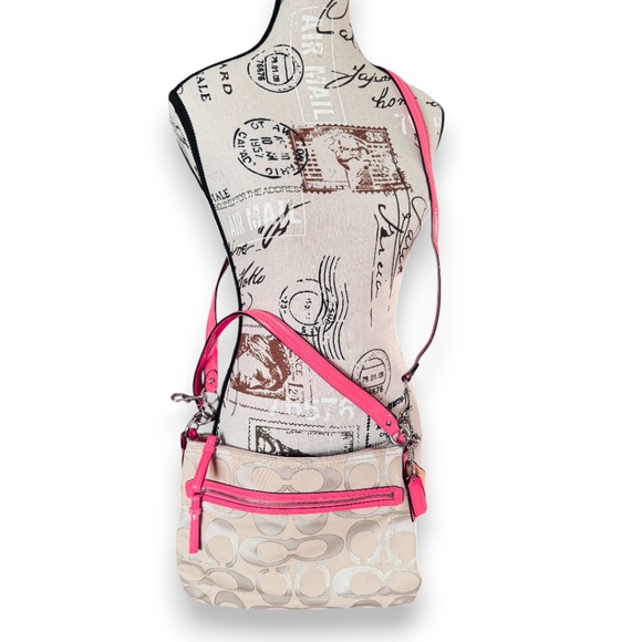 Coach Signature Gold Shimmer Canvas Crossbody Bag | Hot Pink Trim - Picture 3 of 13
